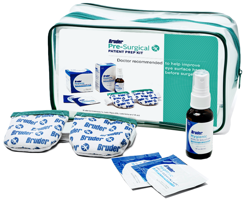 The Bruder Sx Pre-Surgical Patient Prep Kit includes a moist heat compress, hygienic wipes and spray to help patients prepare the ocular surface for surgery.